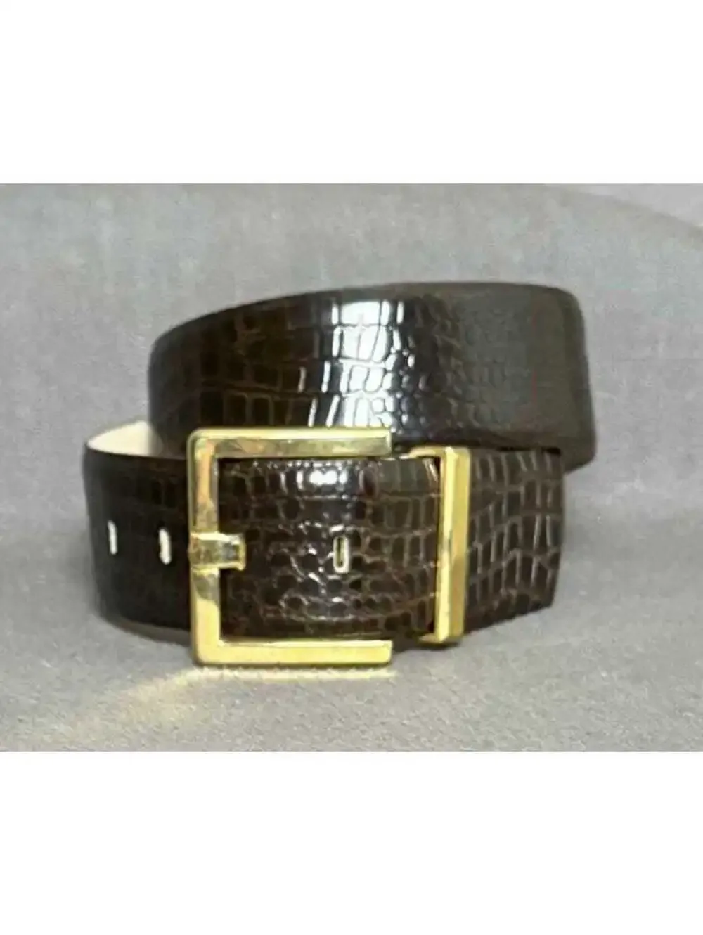 1990's Dark Brown Croc Print Leather Belt Gold Brass Buckle by Morgan Taylor Med